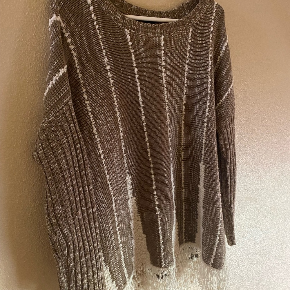 Style & Co. Taupe and Cream Striped Crewneck Sweater